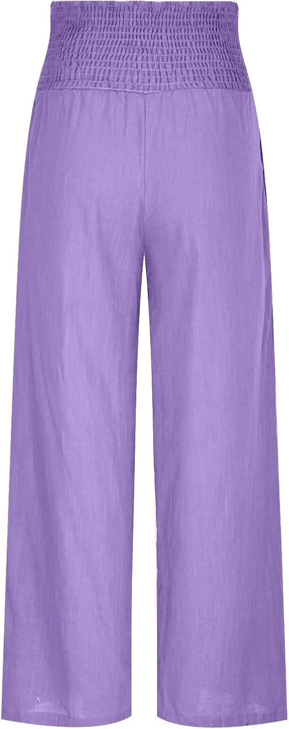 Wide Leg Linen Pants Women Boho Smocked High Waist Palazzo Pants Flowy Summer Vacation Beach Trousers with Pockets