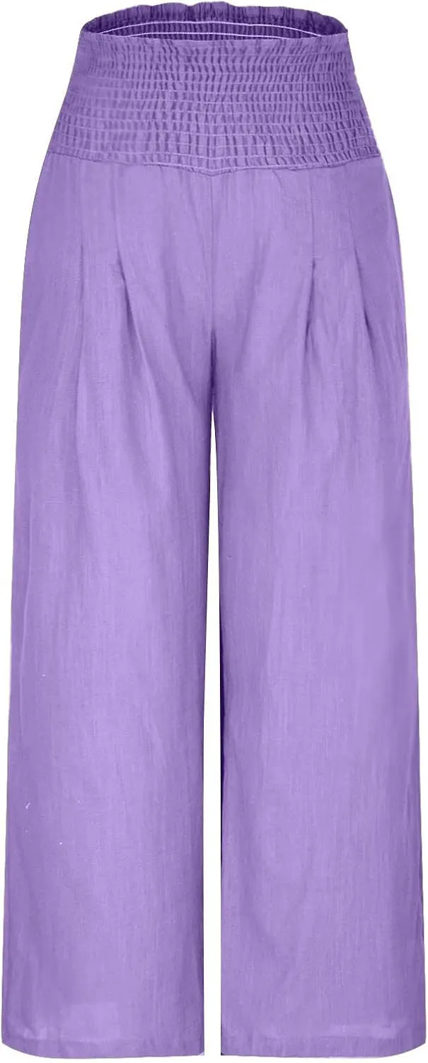 Wide Leg Linen Pants Women Boho Smocked High Waist Palazzo Pants Flowy Summer Vacation Beach Trousers with Pockets