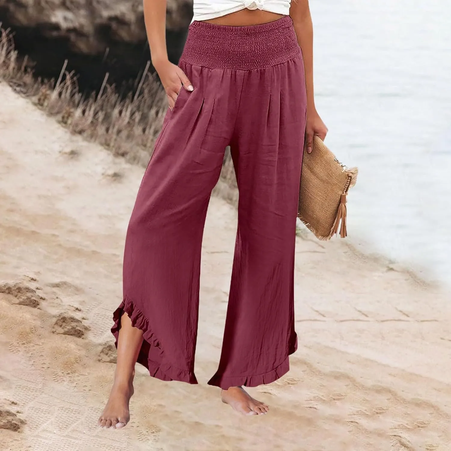 Wide Leg Pants Woman Flowy 2025 Summer Palazzo Trousers Dressy Cotton Linen Boho Long Pant Lounge with Pockets