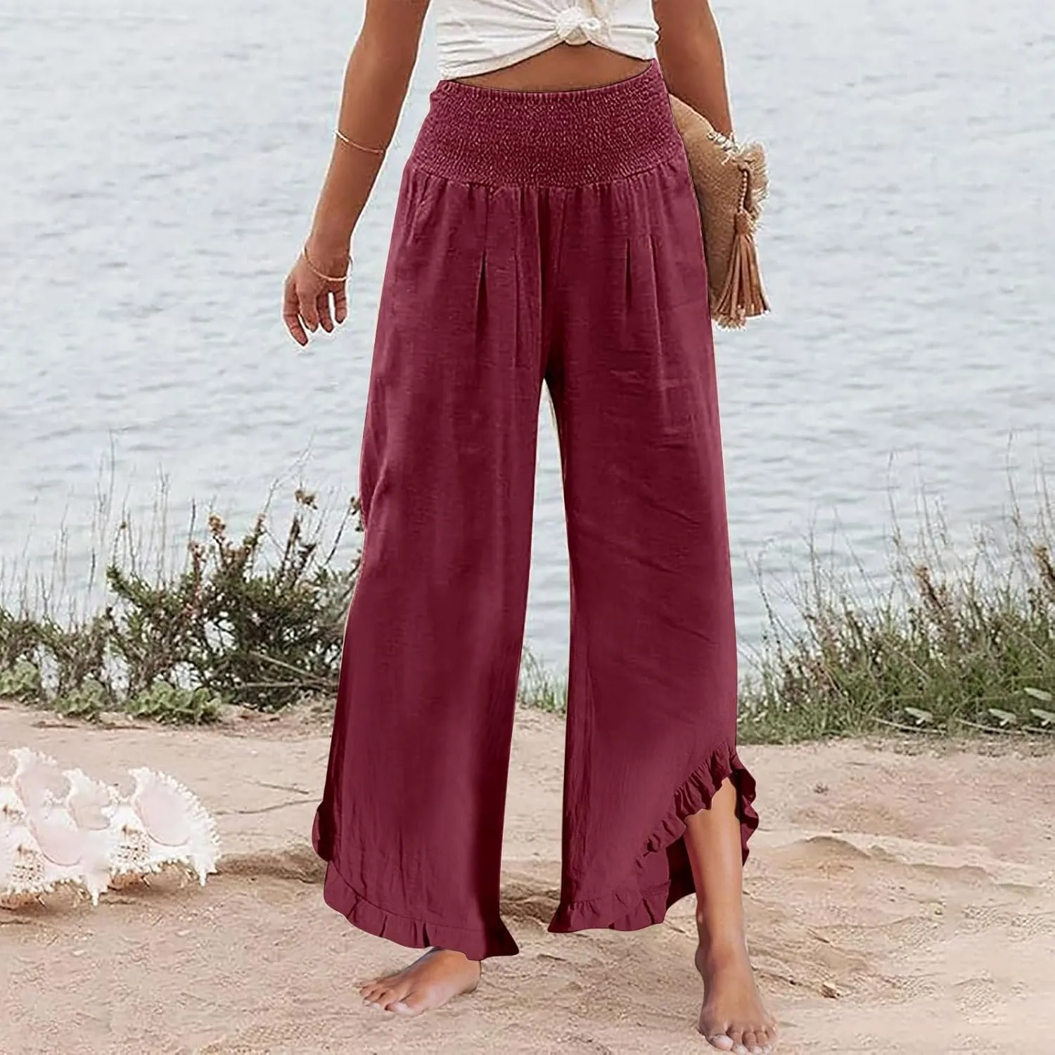 Wide Leg Pants Woman Flowy 2025 Summer Palazzo Trousers Dressy Cotton Linen Boho Long Pant Lounge with Pockets