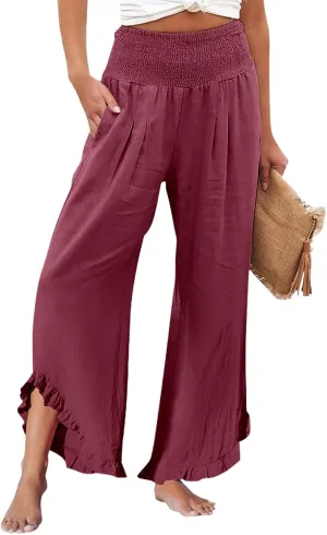 Wide Leg Pants Woman Flowy 2025 Summer Palazzo Trousers Dressy Cotton Linen Boho Long Pant Lounge with Pockets