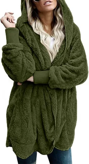 Winter Coats For Women Loose Hooded Jacket Plush Long Sleeve Cardigan Solid Color Coat