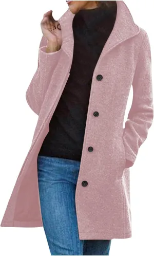 Winter Coats For Women Wool Blend Coat Fashion Button Lapel Solid Color Peacoat Fall Casual Going Out Long Overcoat