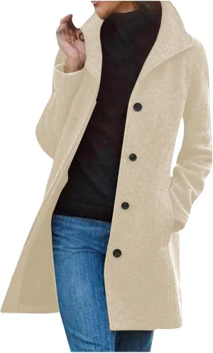 Winter Coats For Women Wool Blend Coat Fashion Button Lapel Solid Color Peacoat Fall Casual Going Out Long Overcoat