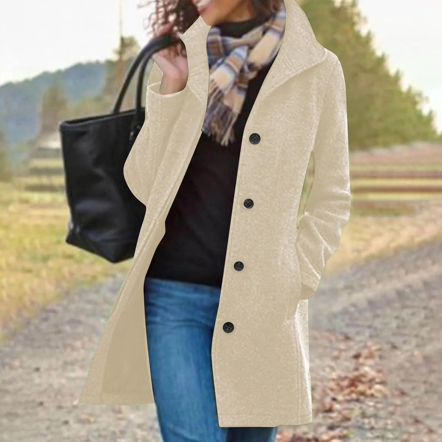 Winter Coats For Women Wool Blend Coat Fashion Button Lapel Solid Color Peacoat Fall Casual Going Out Long Overcoat