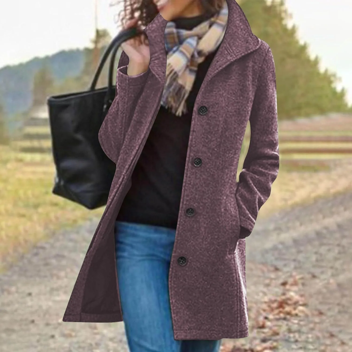 Winter Coats For Women Wool Blend Coat Fashion Button Lapel Solid Color Peacoat Fall Casual Going Out Long Overcoat