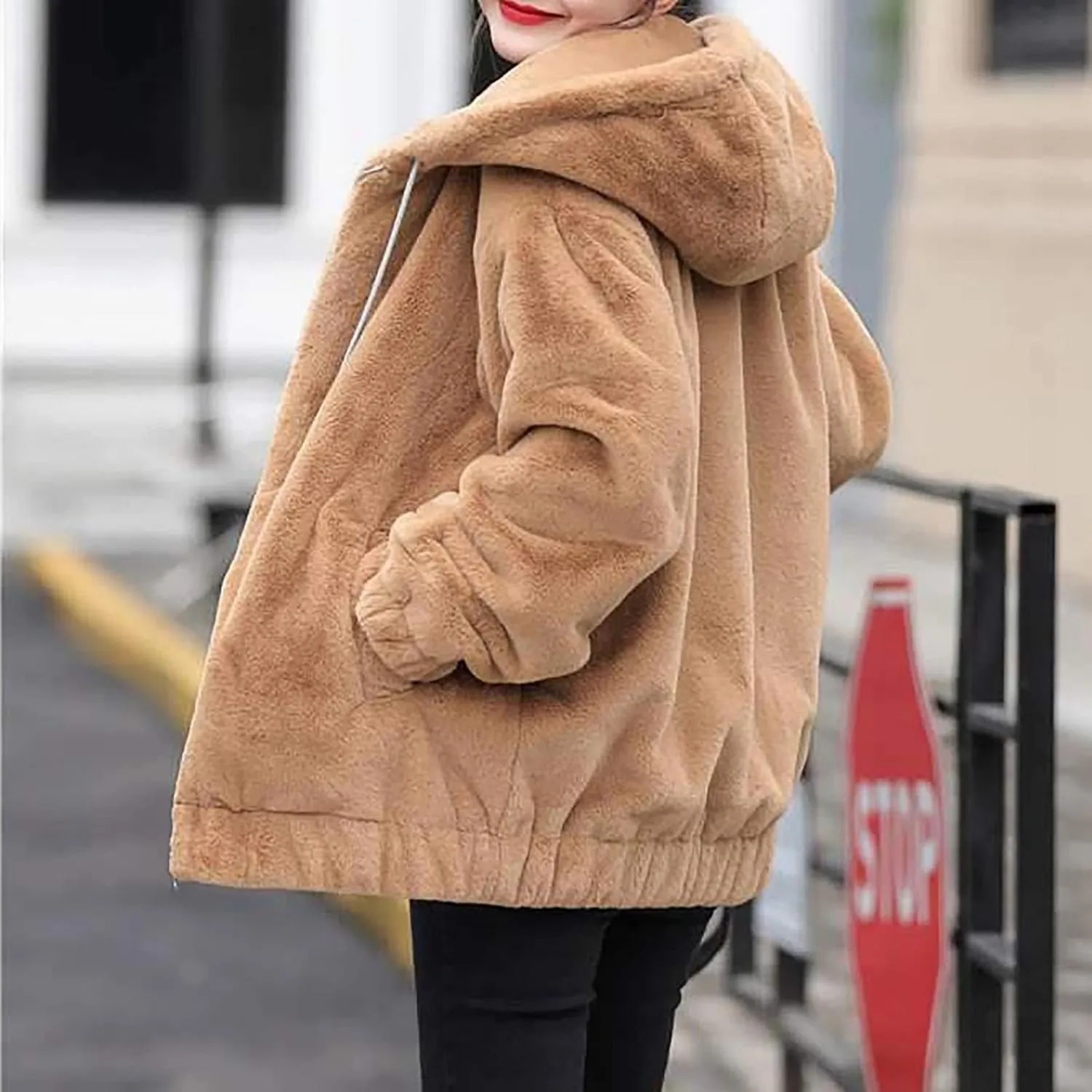 Winter Jackets For Women,Womens Solid Full Zip Up Sherpa Hoodies With Pockets Fuzzy Fleece Oversized Coat