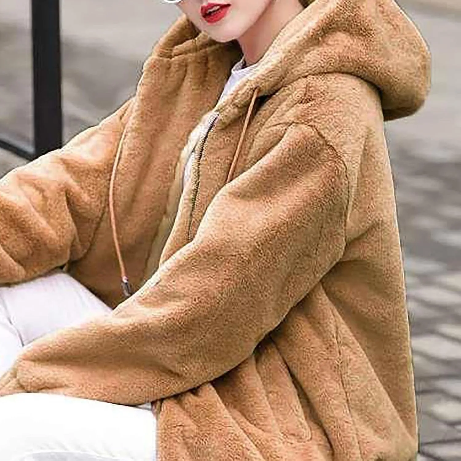 Winter Jackets For Women,Womens Solid Full Zip Up Sherpa Hoodies With Pockets Fuzzy Fleece Oversized Coat