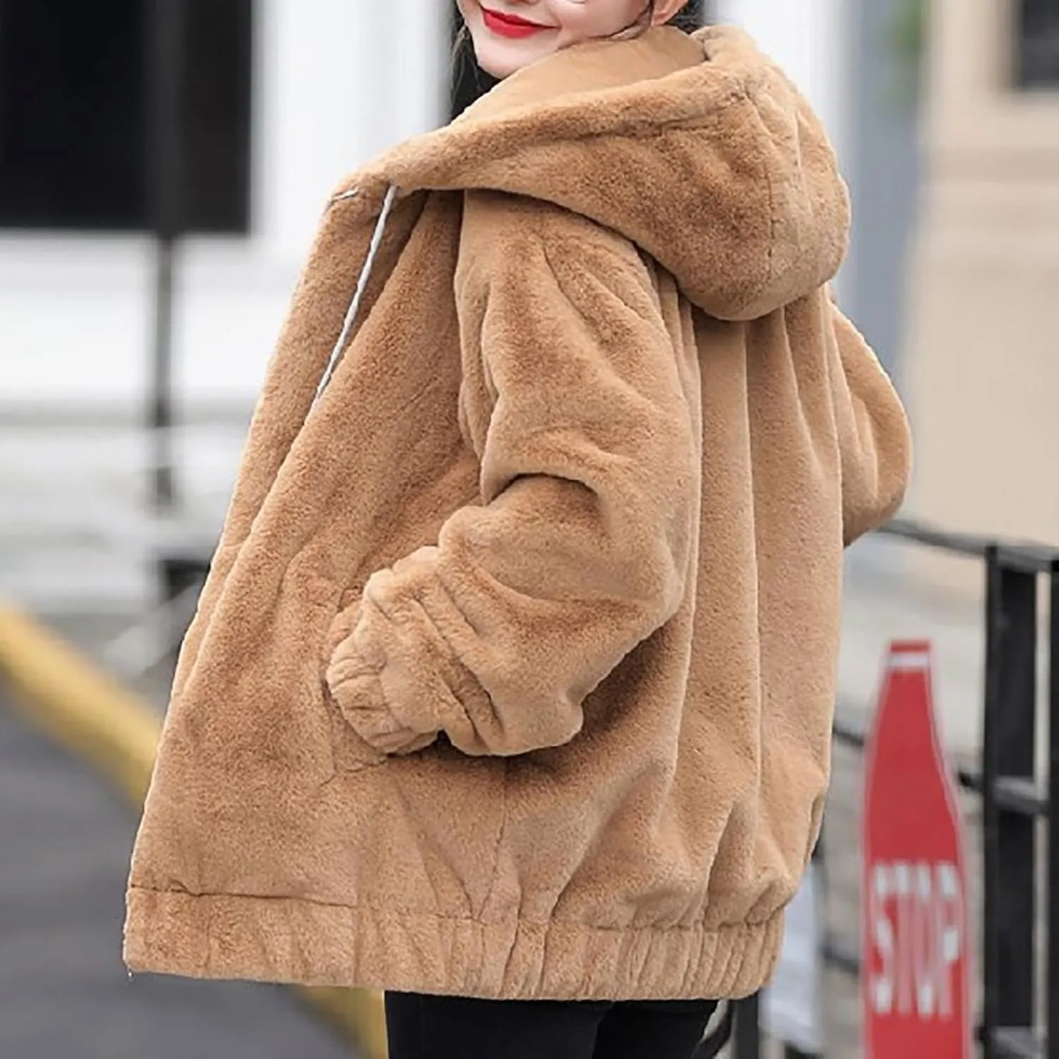 Winter Jackets For Women,Womens Solid Full Zip Up Sherpa Hoodies With Pockets Fuzzy Fleece Oversized Coat
