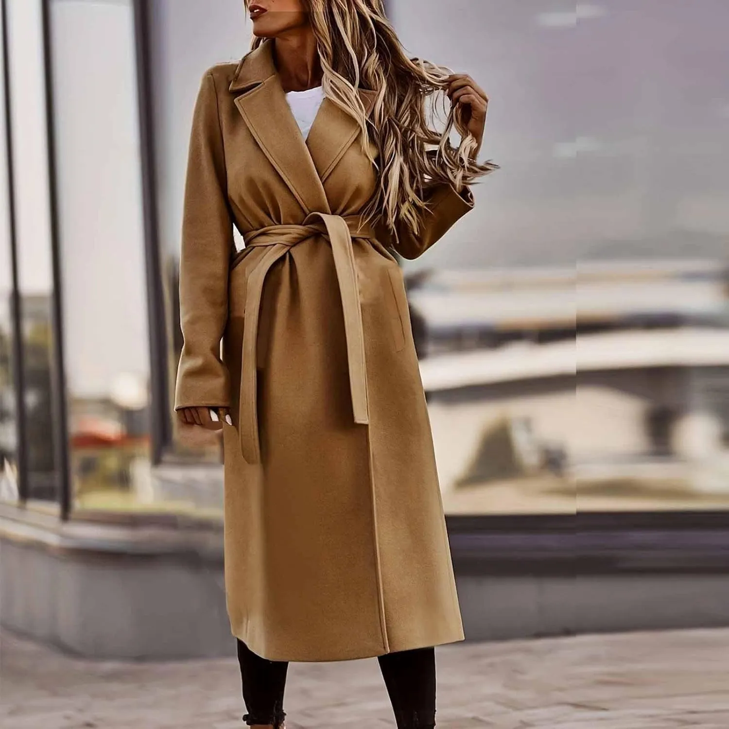 Winter Pea Coats for Women 2024 Casual Notch Lapel Office Jackets Mid Long Length Belted Trench Coat Wool Coat