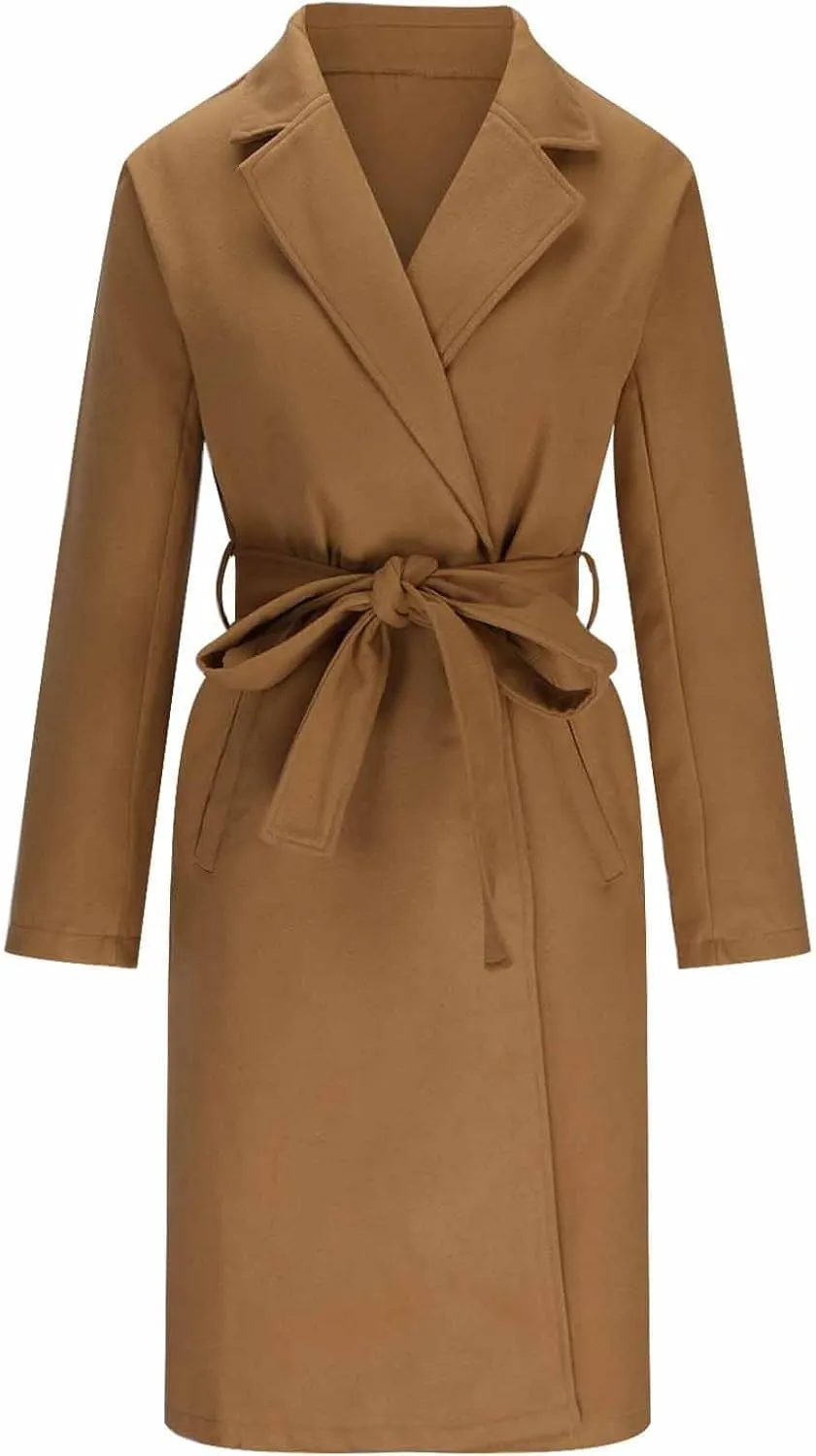 Winter Pea Coats for Women 2024 Casual Notch Lapel Office Jackets Mid Long Length Belted Trench Coat Wool Coat