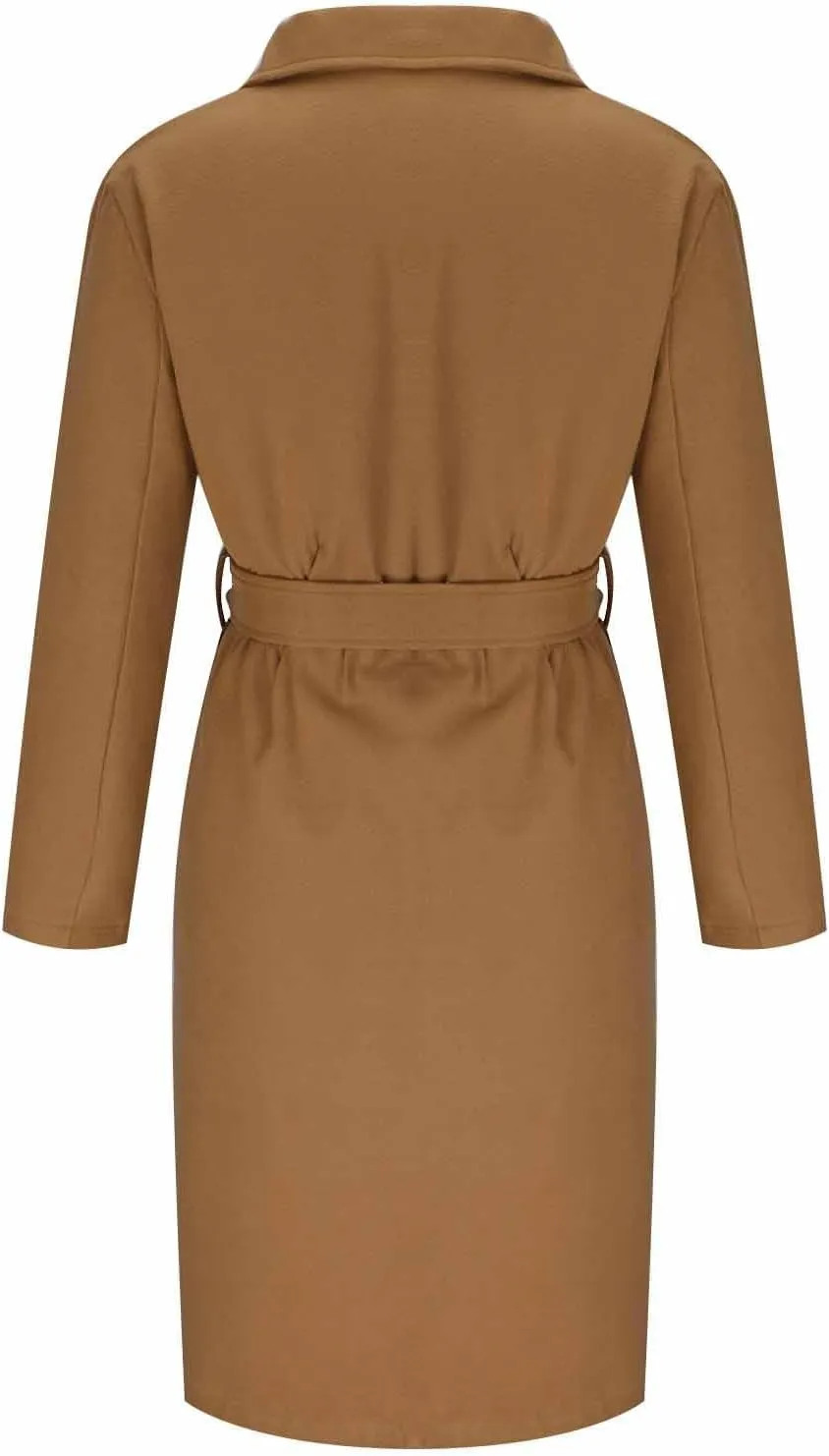 Winter Pea Coats for Women 2024 Casual Notch Lapel Office Jackets Mid Long Length Belted Trench Coat Wool Coat