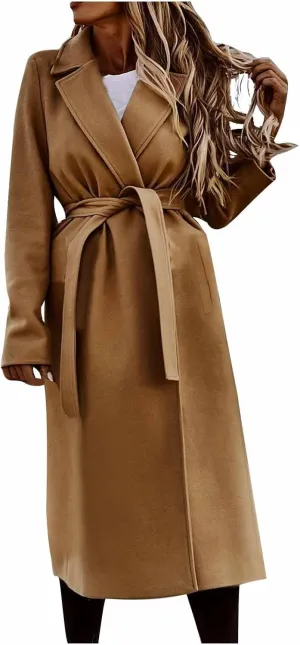Winter Pea Coats for Women 2024 Casual Notch Lapel Office Jackets Mid Long Length Belted Trench Coat Wool Coat