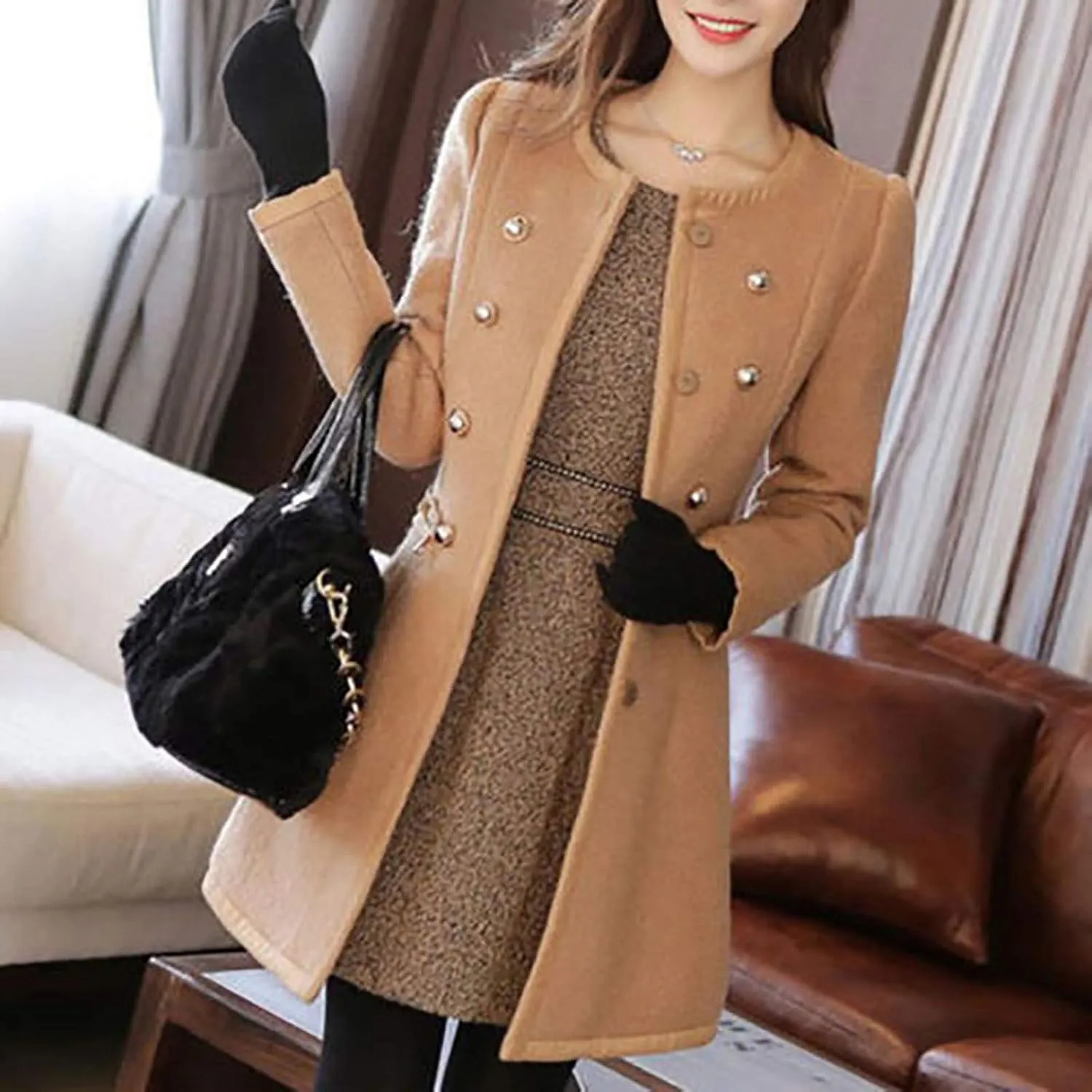 Winter Pea Coats for Women Wool Blend Long Trench Coat Casual Oversized Notched Lapel Collar Overcoat Outerwear
