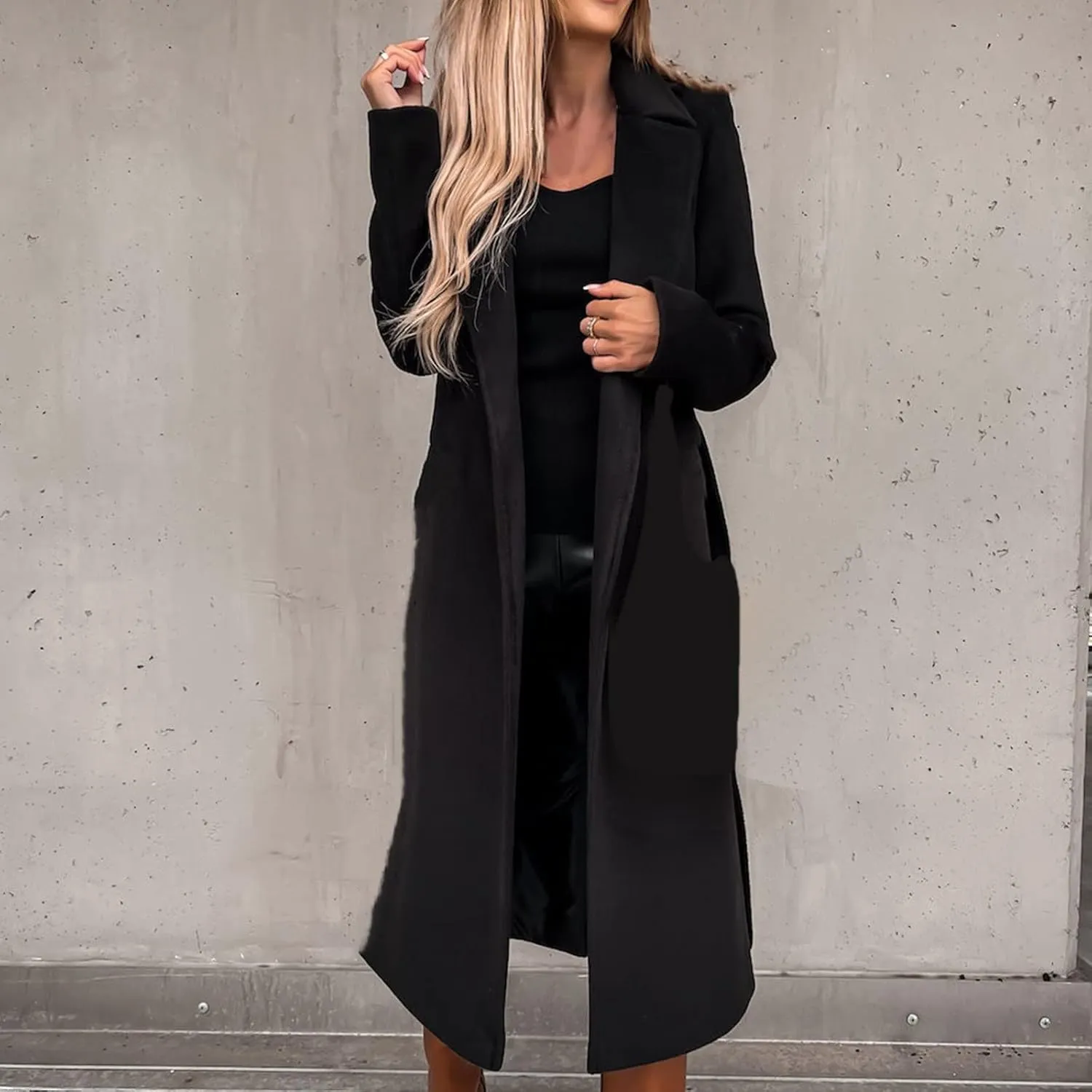 Winter Trench Coat for Women Long Wool Blend Pea Coat Casual Notched Lapel Collar Oversized Overcoat Jacket Outerwear