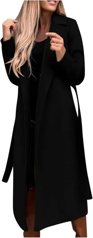 Winter Trench Coat for Women Long Wool Blend Pea Coat Casual Notched Lapel Collar Oversized Overcoat Jacket Outerwear