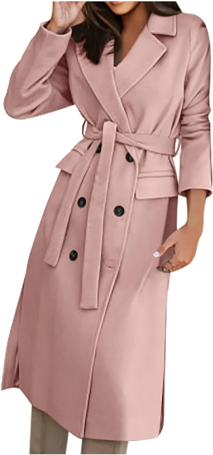 Winter Trench Coats for Women Double Breasted Thick Long Wool Coat Notch Lapel Overcoats Slim Pea Jacket With Belts