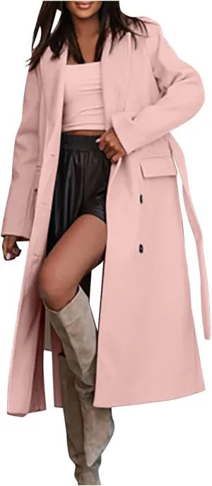Winter Trench Coats for Women Double Breasted Thick Long Wool Coat Notch Lapel Overcoats Slim Pea Jacket With Belts