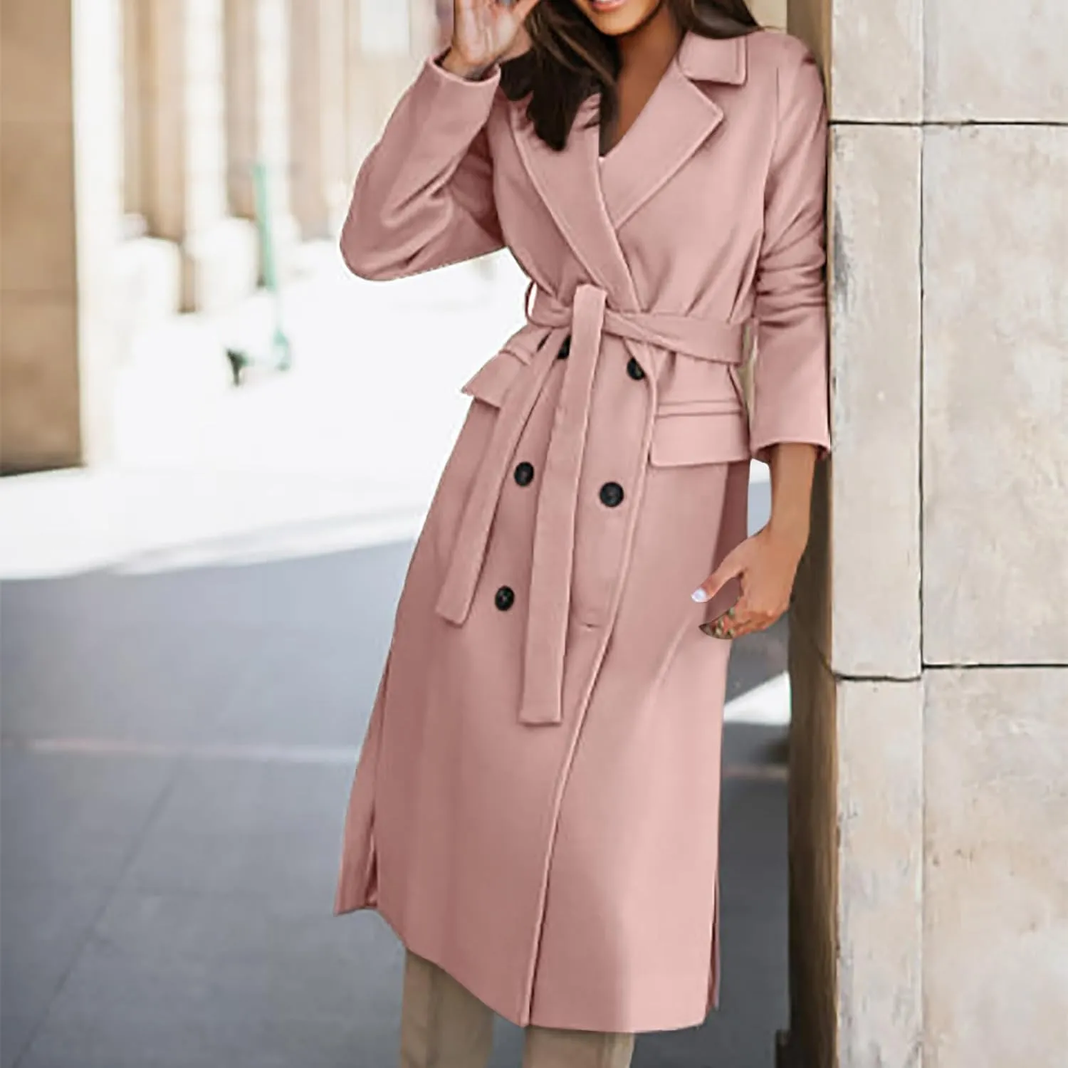 Winter Trench Coats for Women Double Breasted Thick Long Wool Coat Notch Lapel Overcoats Slim Pea Jacket With Belts
