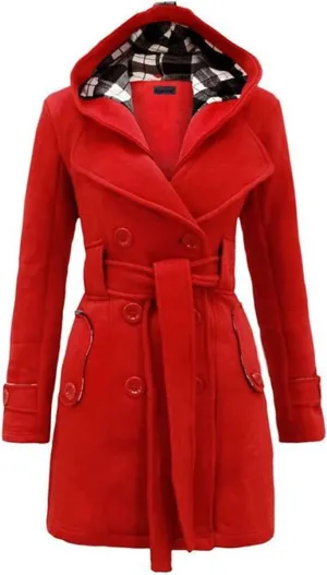 Winter Trench Coats for Women Hooded Long Double Breasted Pea Coat Wool Blend Warm Soft Overcoat Outwear with Pocket