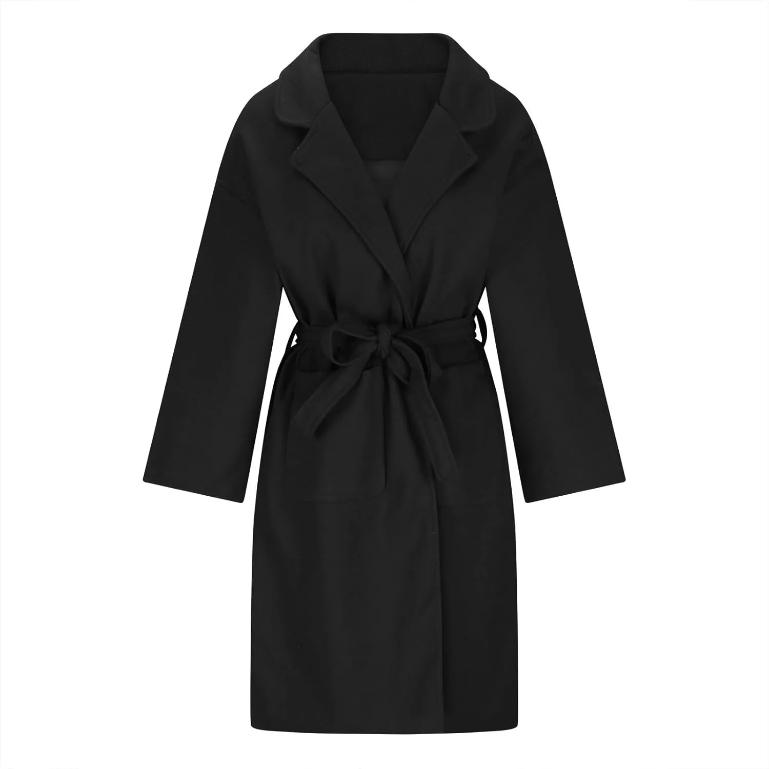 Winter Wool Coat for Women Notch Lapel Collar Open Front Pea Coat Loose Warm Mid-Long Trench Coats Overcoat