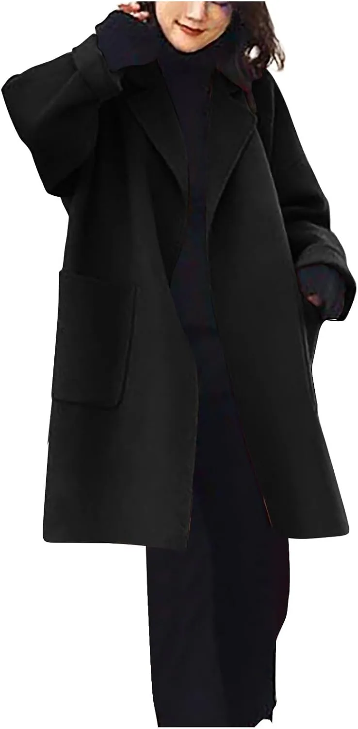 Winter Wool Coat for Women Notch Lapel Collar Open Front Pea Coat Loose Warm Mid-Long Trench Coats Overcoat