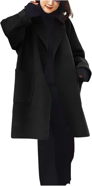 Winter Wool Coat for Women Notch Lapel Collar Open Front Pea Coat Loose Warm Mid-Long Trench Coats Overcoat