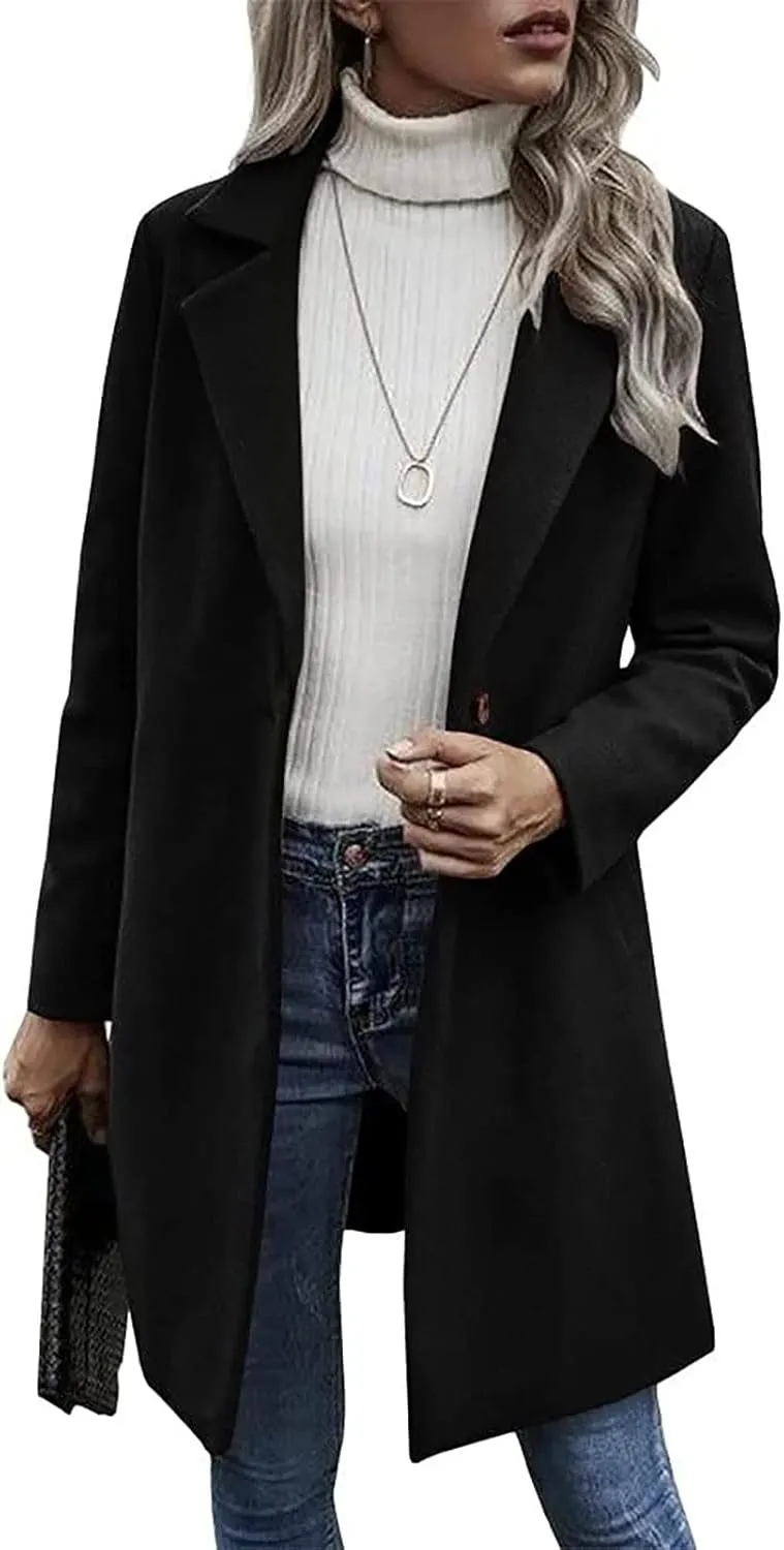 Winter Wool Coat for Women Notch Lapel Single-Breasted Trench Coats Long Sleeve Mid Length Pea Coats Fall Jacket