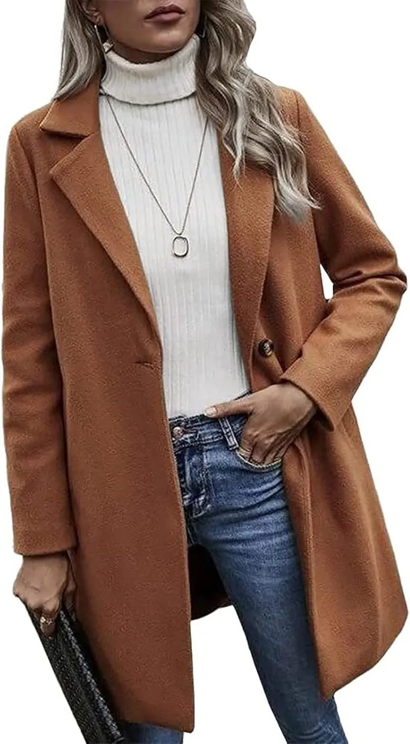 Winter Wool Coat for Women Notch Lapel Single-Breasted Trench Coats Long Sleeve Mid Length Pea Coats Fall Jacket
