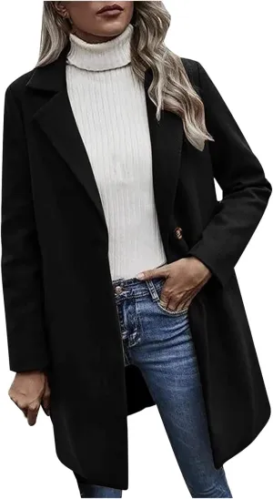 Winter Wool Coat for Women Notch Lapel Single-Breasted Trench Coats Long Sleeve Mid Length Pea Coats Fall Jacket