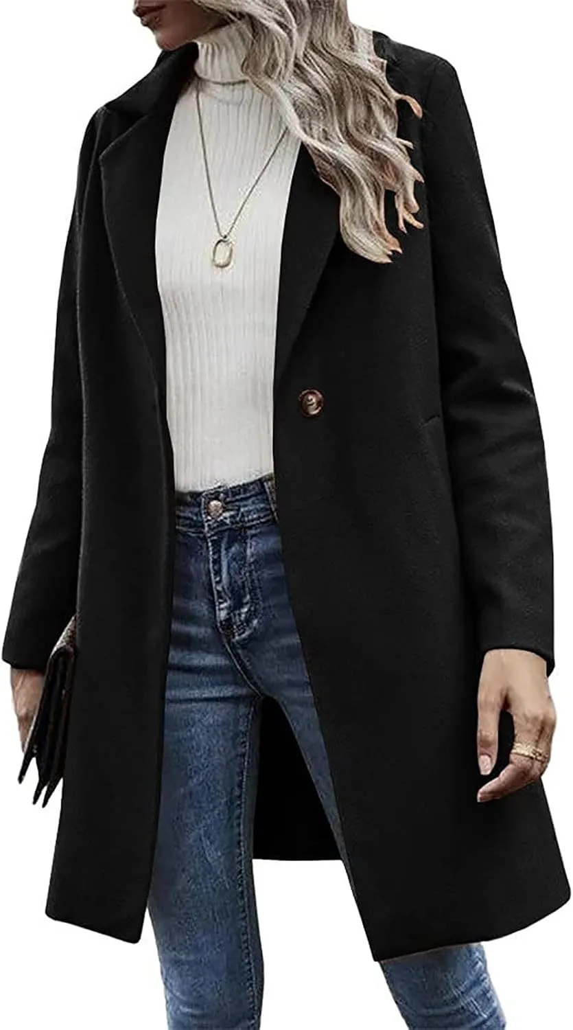 Winter Wool Coat for Women Notch Lapel Single-Breasted Trench Coats Long Sleeve Mid Length Pea Coats Fall Jacket
