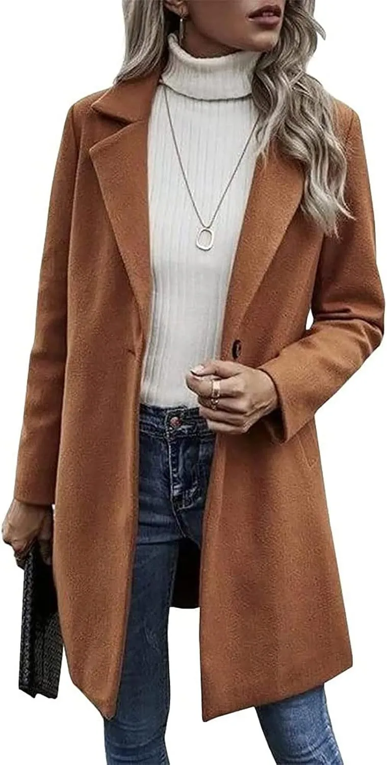 Winter Wool Coat for Women Notch Lapel Single-Breasted Trench Coats Long Sleeve Mid Length Pea Coats Fall Jacket