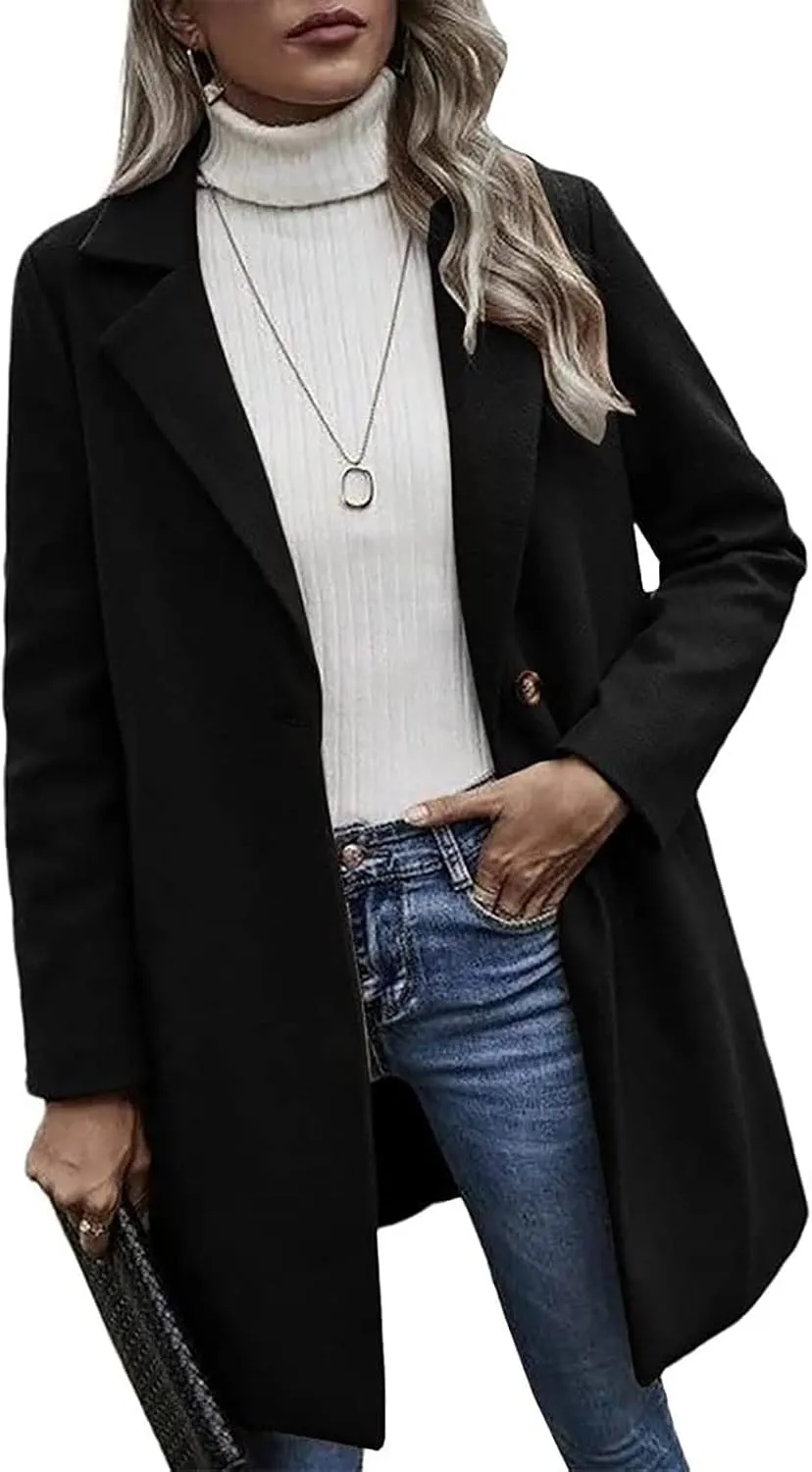 Winter Wool Coat for Women Notch Lapel Single-Breasted Trench Coats Long Sleeve Mid Length Pea Coats Fall Jacket