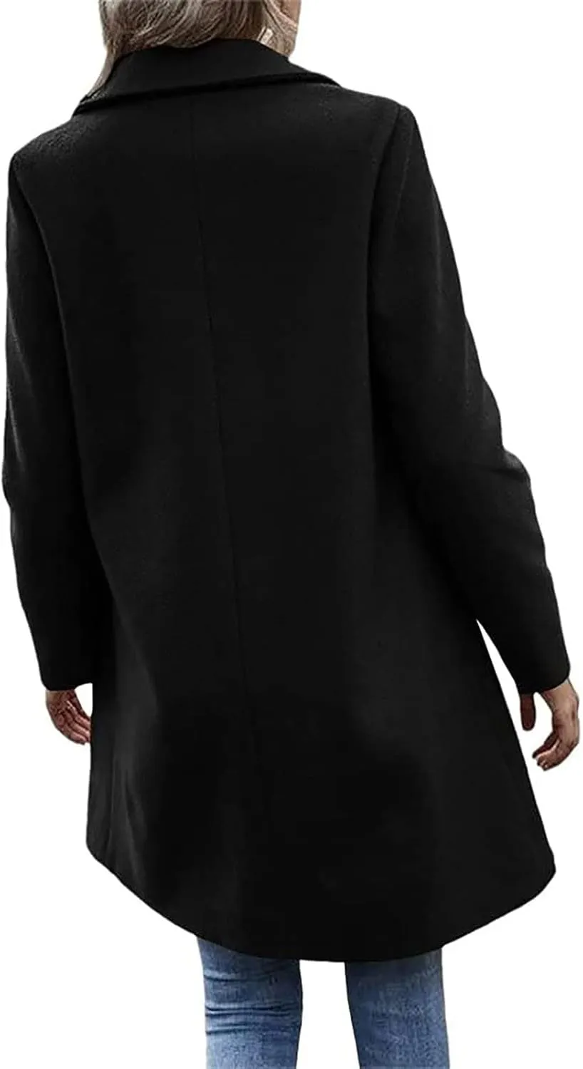 Winter Wool Coat for Women Notch Lapel Single-Breasted Trench Coats Long Sleeve Mid Length Pea Coats Fall Jacket