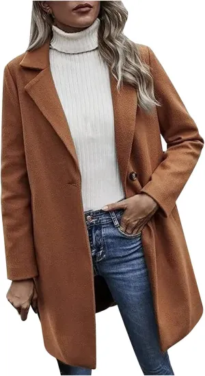 Winter Wool Coat for Women Notch Lapel Single-Breasted Trench Coats Long Sleeve Mid Length Pea Coats Fall Jacket