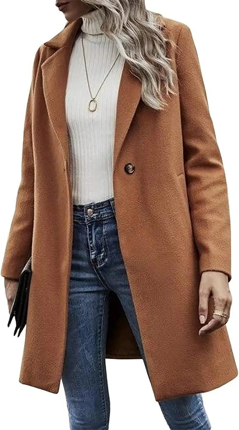 Winter Wool Coat for Women Notch Lapel Single-Breasted Trench Coats Long Sleeve Mid Length Pea Coats Fall Jacket