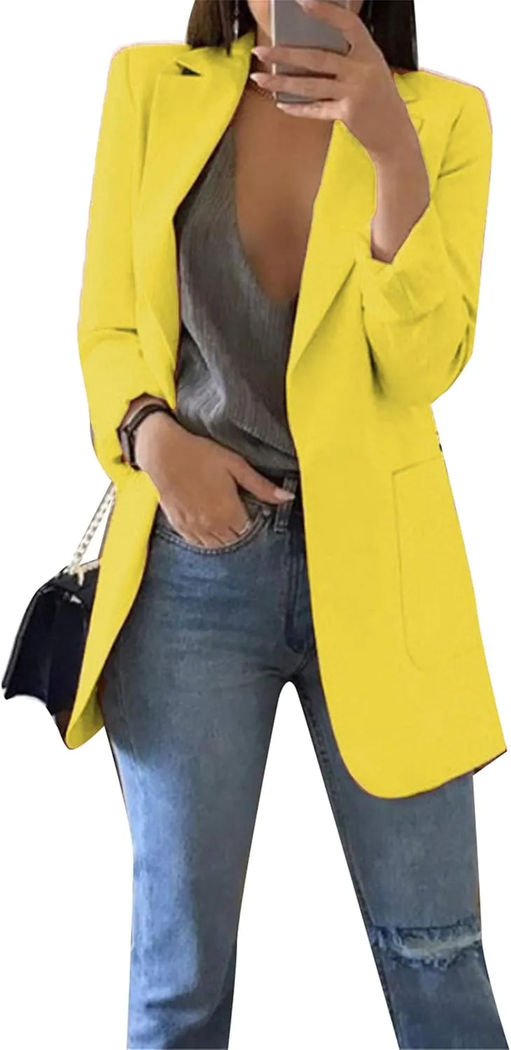 WIWIQS Women Blazer Lapel Solid Color Casual Loose Office Coat with Pockets Long Sleeve Slim Work Jacket