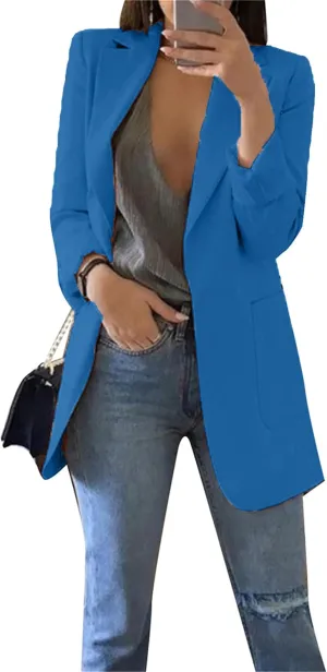 WIWIQS Women Blazer Lapel Solid Color Casual Loose Office Coat with Pockets Long Sleeve Slim Work Jacket