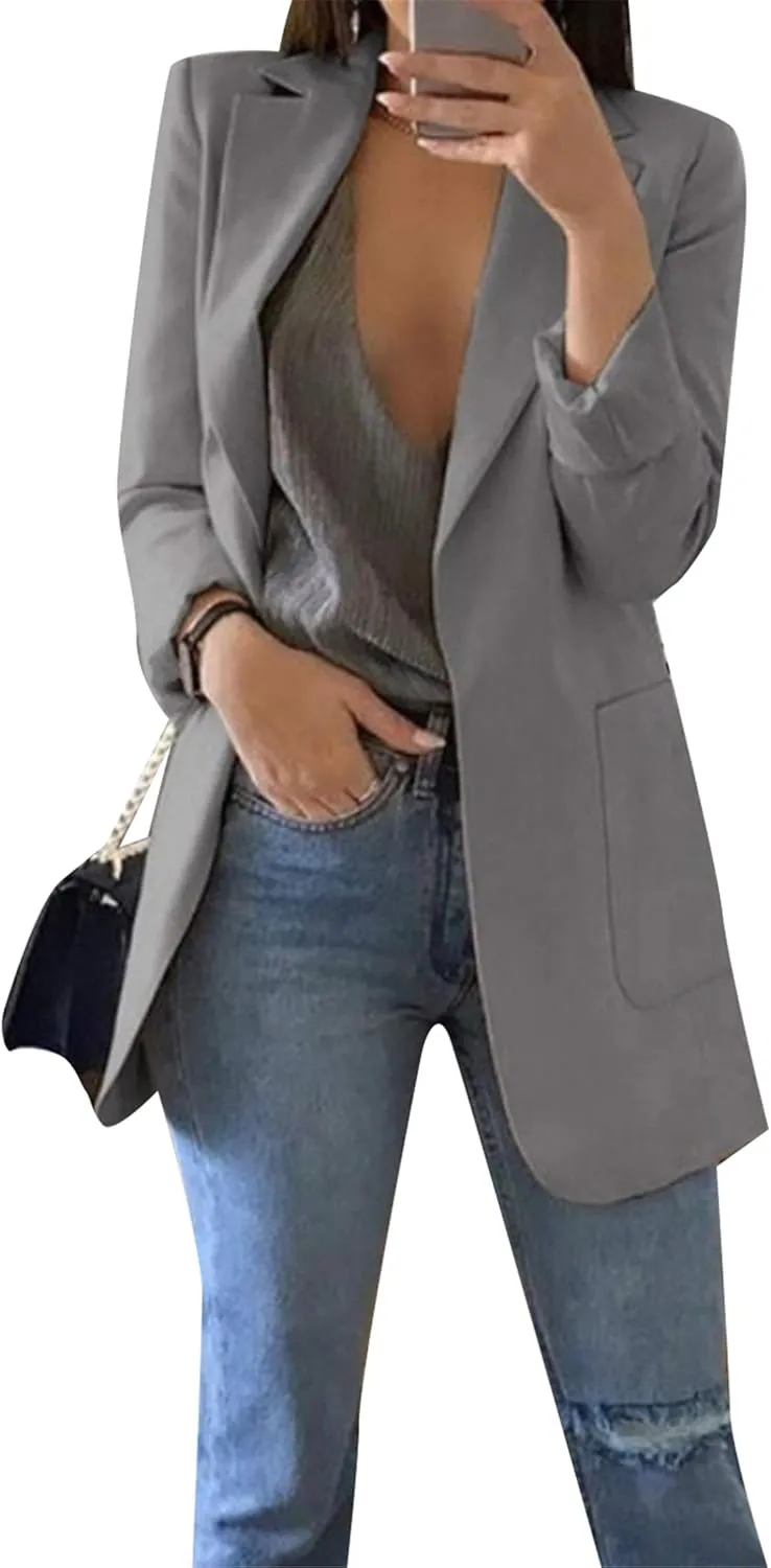 WIWIQS Women Blazer Lapel Solid Color Casual Loose Office Coat with Pockets Long Sleeve Slim Work Jacket