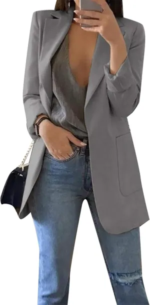 WIWIQS Women Blazer Lapel Solid Color Casual Loose Office Coat with Pockets Long Sleeve Slim Work Jacket