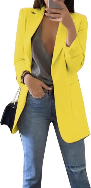 WIWIQS Women Blazer Lapel Solid Color Casual Loose Office Coat with Pockets Long Sleeve Slim Work Jacket