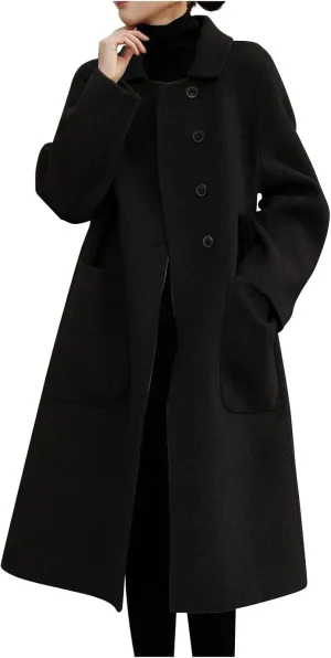 Wkishenl Long Coats for Women Trendy Notched Collar Single Breasted Pea Coat Elegant Work Office Mid Trench Coat with Pockets