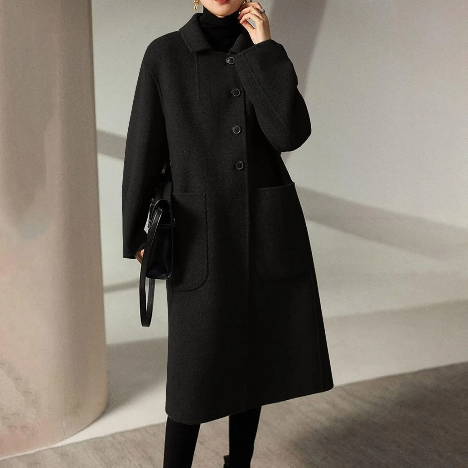 Wkishenl Long Coats for Women Trendy Notched Collar Single Breasted Pea Coat Elegant Work Office Mid Trench Coat with Pockets