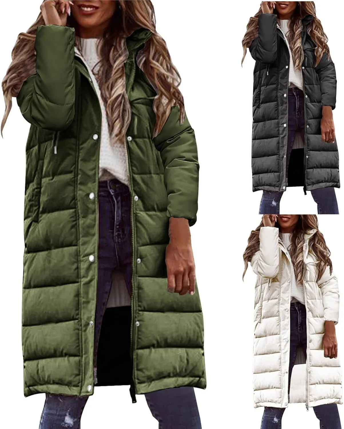 Wkishenl Long Puffer Coat Women Winter Coats Thickened Maxi Parka Jacket Full Zip Knee Length Quilted Outerwear with Hood