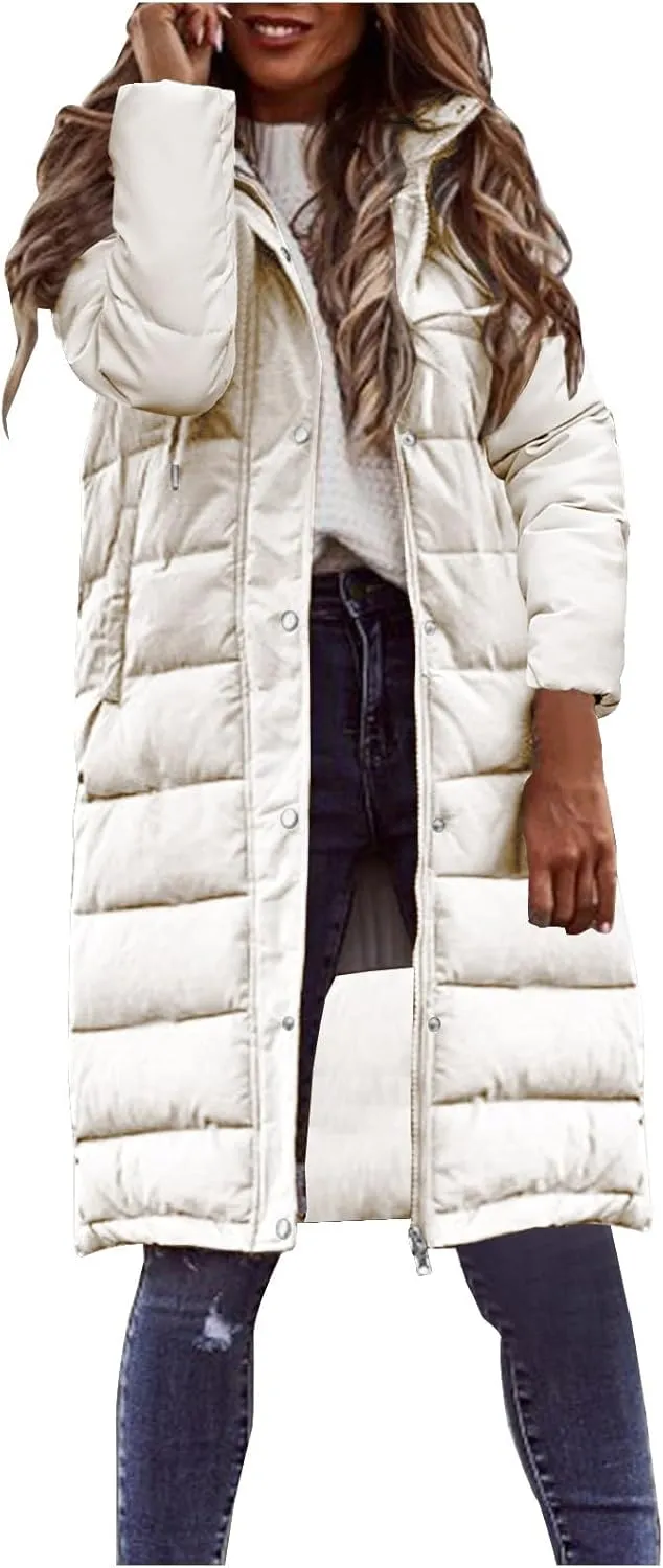 Wkishenl Long Puffer Coat Women Winter Coats Thickened Maxi Parka Jacket Full Zip Knee Length Quilted Outerwear with Hood