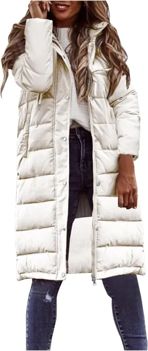 Wkishenl Long Puffer Coat Women Winter Coats Thickened Maxi Parka Jacket Full Zip Knee Length Quilted Outerwear with Hood