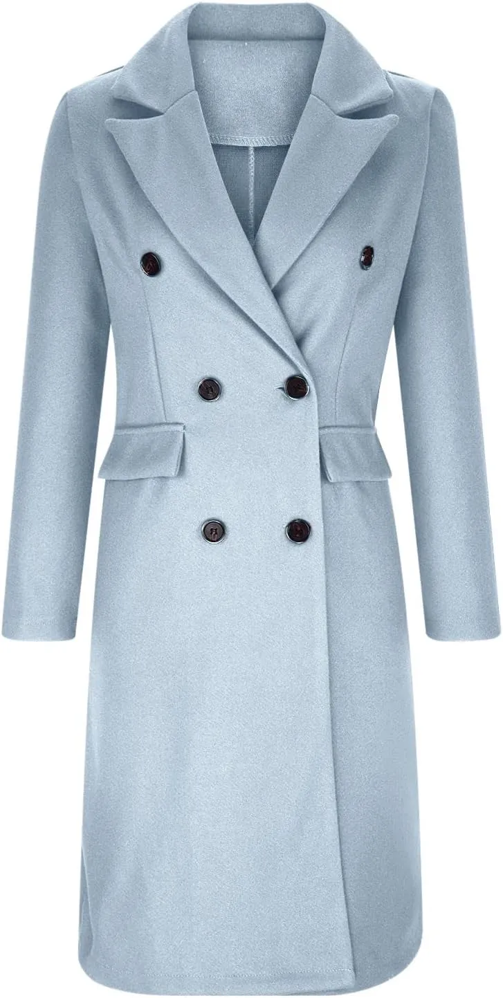 Wkishenl Long Winter Coats for Women Casual Notch Lapel Double-Breasted Peacoat Elegant Work Office Trench Coat with Pockets