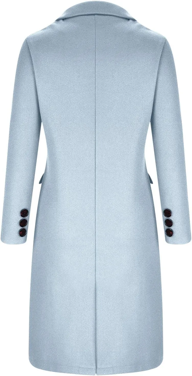 Wkishenl Long Winter Coats for Women Casual Notch Lapel Double-Breasted Peacoat Elegant Work Office Trench Coat with Pockets
