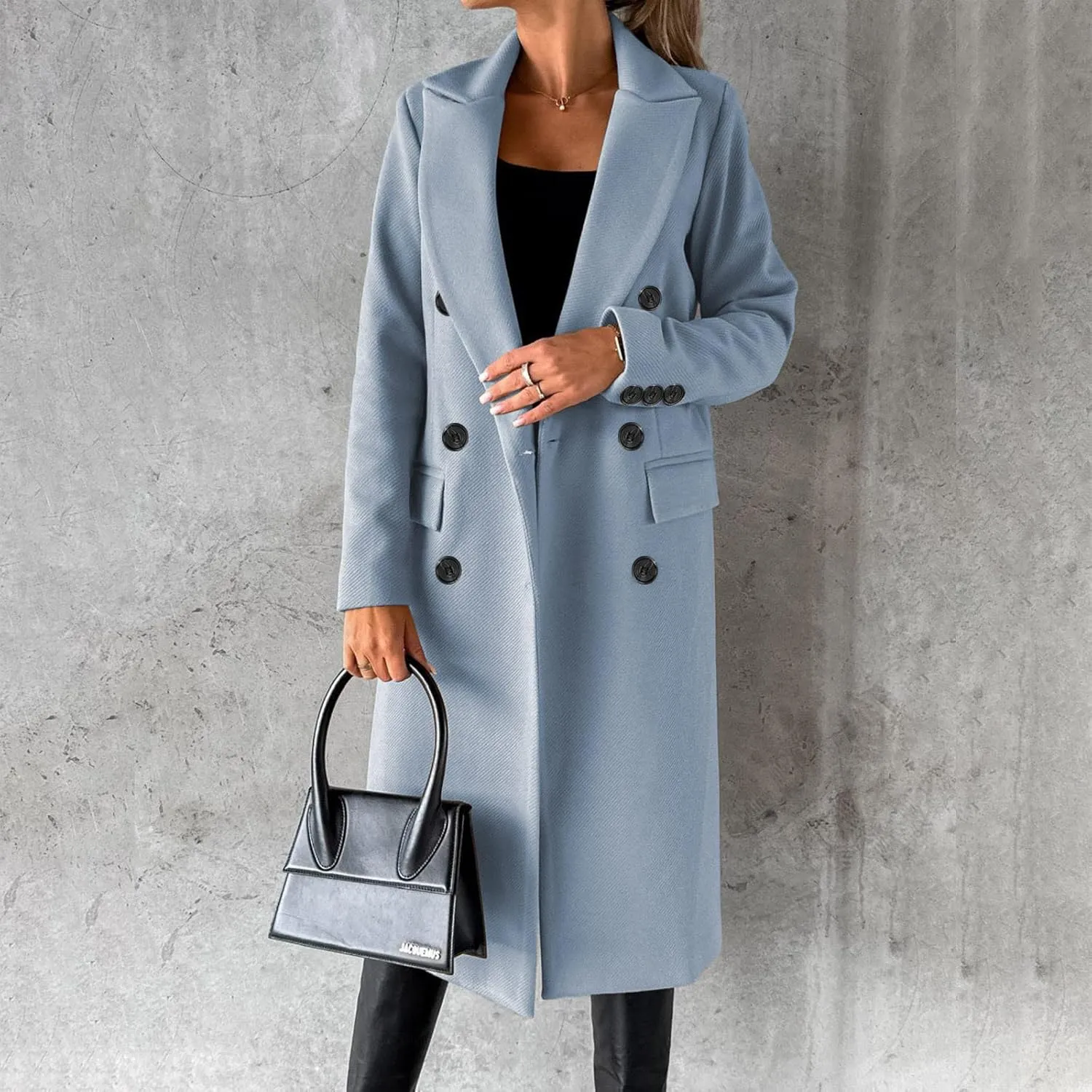 Wkishenl Long Winter Coats for Women Casual Notch Lapel Double-Breasted Peacoat Elegant Work Office Trench Coat with Pockets