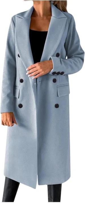 Wkishenl Long Winter Coats for Women Casual Notch Lapel Double-Breasted Peacoat Elegant Work Office Trench Coat with Pockets